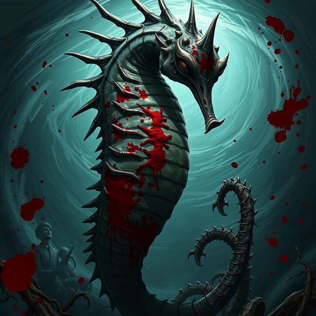 A fantastical depiction of an enormous seahorse with an evil expression, its body covered in grotesque, bloodied scars and vivid splashes of red