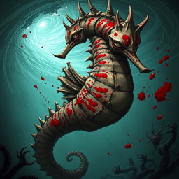 A fantastical depiction of an enormous seahorse with an evil expression, its body covered in grotesque, bloodied scars and vivid splashes of red
