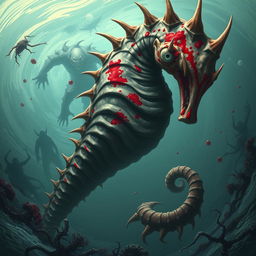 A fantastical depiction of an enormous seahorse with an evil expression, its body covered in grotesque, bloodied scars and vivid splashes of red