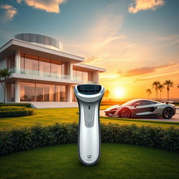 A futuristic scene depicting a luxurious lifestyle of a billionaire, featuring a grand mansion with modern architectural design, an impressive sports car parked outside, and a serene landscape around it