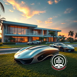 A futuristic scene depicting a luxurious lifestyle of a billionaire, featuring a grand mansion with modern architectural design, an impressive sports car parked outside, and a serene landscape around it