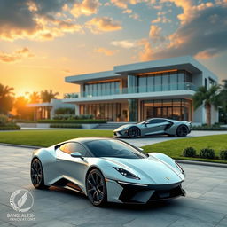 A futuristic scene depicting a luxurious lifestyle of a billionaire, featuring a grand mansion with modern architectural design, an impressive sports car parked outside, and a serene landscape around it