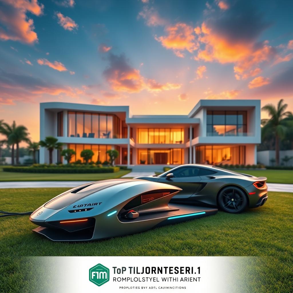 A futuristic scene depicting a luxurious lifestyle of a billionaire, featuring a grand mansion with modern architectural design, an impressive sports car parked outside, and a serene landscape around it