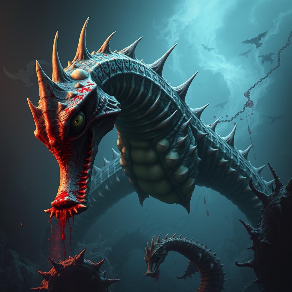 A menacing giant seahorse depicted in a dark fantasy setting, showcasing its grotesque features such as spiked fins and sharp, jagged teeth