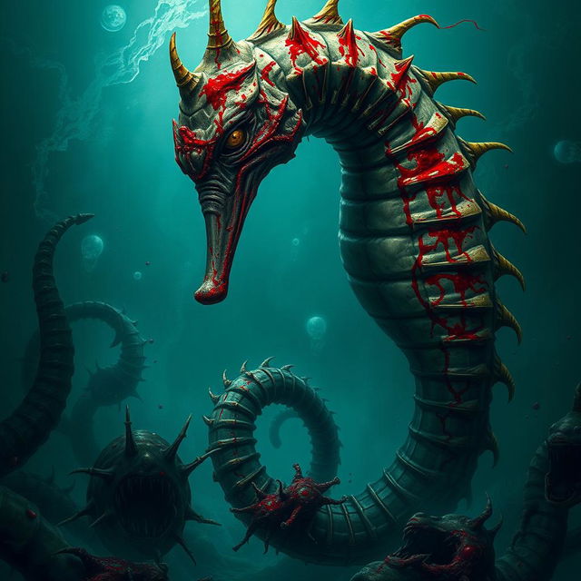 A menacing giant seahorse depicted in a dark fantasy setting, showcasing its grotesque features such as spiked fins and sharp, jagged teeth