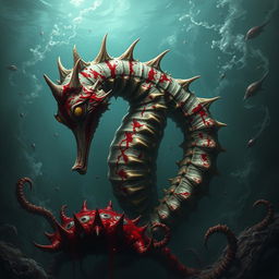A menacing giant seahorse depicted in a dark fantasy setting, showcasing its grotesque features such as spiked fins and sharp, jagged teeth