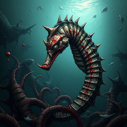 A menacing giant seahorse depicted in a dark fantasy setting, showcasing its grotesque features such as spiked fins and sharp, jagged teeth