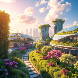 A vibrant and futuristic landscape set in the year 2050, filled with advanced greenery and eco-friendly technology