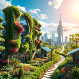 A vibrant and futuristic landscape set in the year 2050, filled with advanced greenery and eco-friendly technology