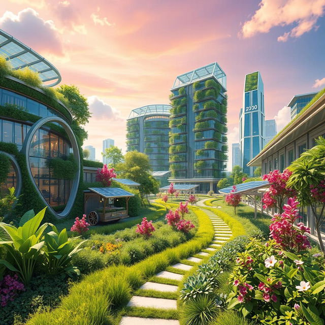 A vibrant and futuristic landscape set in the year 2050, filled with advanced greenery and eco-friendly technology