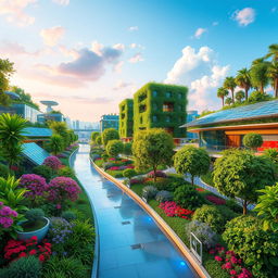 A vibrant and futuristic landscape set in the year 2050, filled with advanced greenery and eco-friendly technology