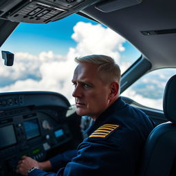 A skilled pilot inside a modern airplane cockpit, focusing intently on the controls and instruments