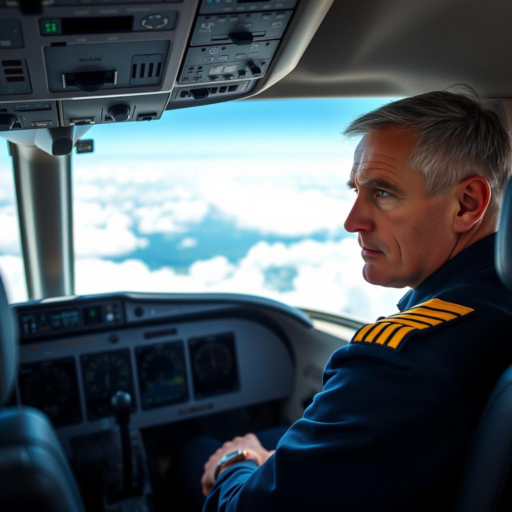 A skilled pilot inside a modern airplane cockpit, focusing intently on the controls and instruments