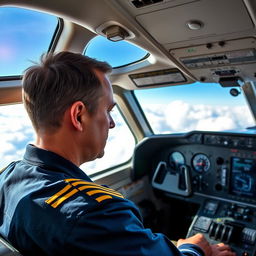 A skilled pilot inside a modern airplane cockpit, focusing intently on the controls and instruments