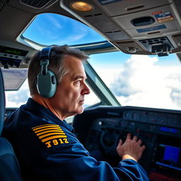 A skilled pilot inside a modern airplane cockpit, focusing intently on the controls and instruments