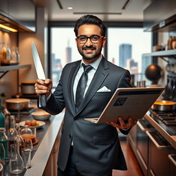 A biotechnologist who is also a skilled cook and a powerful politician, featuring the likeness of Mehran Mahooti, portrayed in a sophisticated and dynamic way