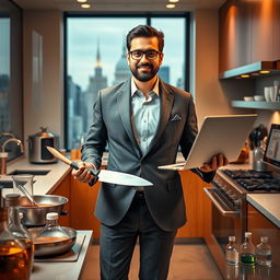 A biotechnologist who is also a skilled cook and a powerful politician, featuring the likeness of Mehran Mahooti, portrayed in a sophisticated and dynamic way