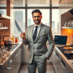 A biotechnologist who is also a skilled cook and a powerful politician, featuring the likeness of Mehran Mahooti, portrayed in a sophisticated and dynamic way