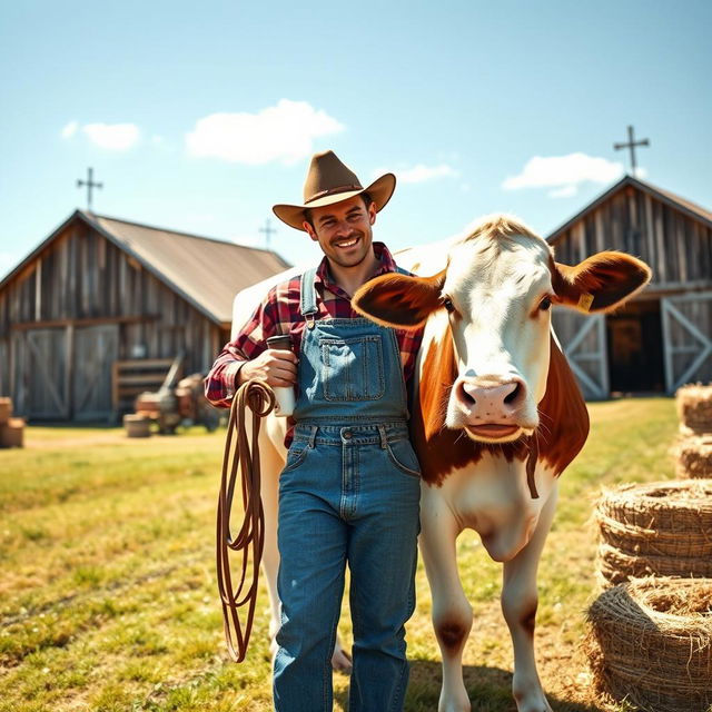 A humorous scene depicting a person milking someone else's cow on a sunny day in Texas