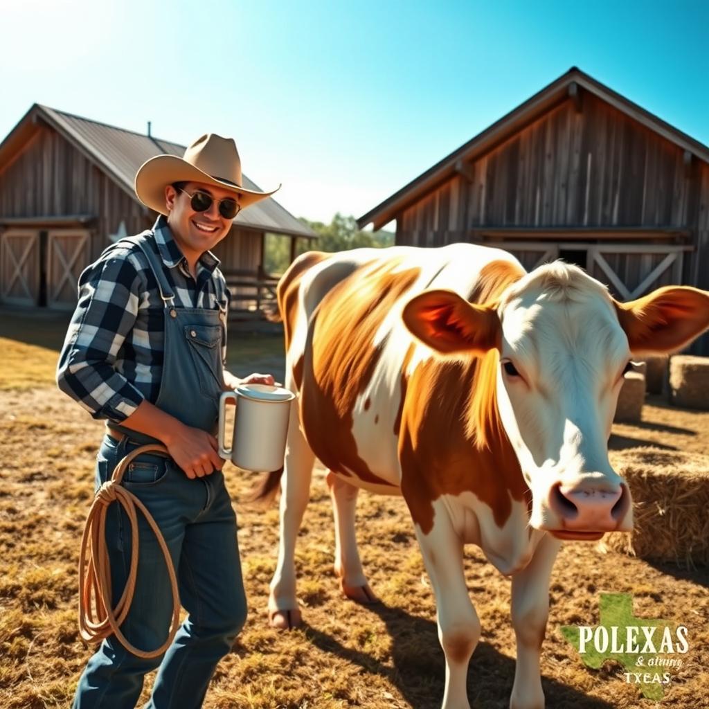 A humorous scene depicting a person milking someone else's cow on a sunny day in Texas
