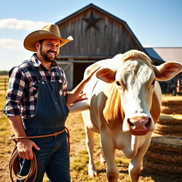A humorous scene depicting a person milking someone else's cow on a sunny day in Texas