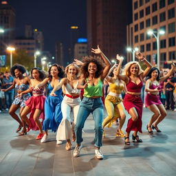 A vibrant and dynamic scene featuring a diverse group of dancers, all in perfect synchronization, showcasing various dance styles