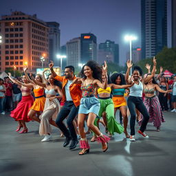 A vibrant and dynamic scene featuring a diverse group of dancers, all in perfect synchronization, showcasing various dance styles