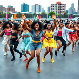 A vibrant and dynamic scene featuring a diverse group of dancers, all in perfect synchronization, showcasing various dance styles
