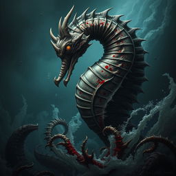 A terrifyingly massive seahorse, embodying the essence of evil, with sharp, jagged features and a twisted, gnarled body