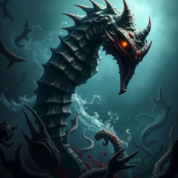 A terrifyingly massive seahorse, embodying the essence of evil, with sharp, jagged features and a twisted, gnarled body