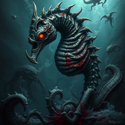 A terrifyingly massive seahorse, embodying the essence of evil, with sharp, jagged features and a twisted, gnarled body