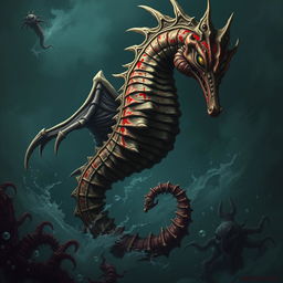 A terrifyingly massive seahorse, embodying the essence of evil, with sharp, jagged features and a twisted, gnarled body