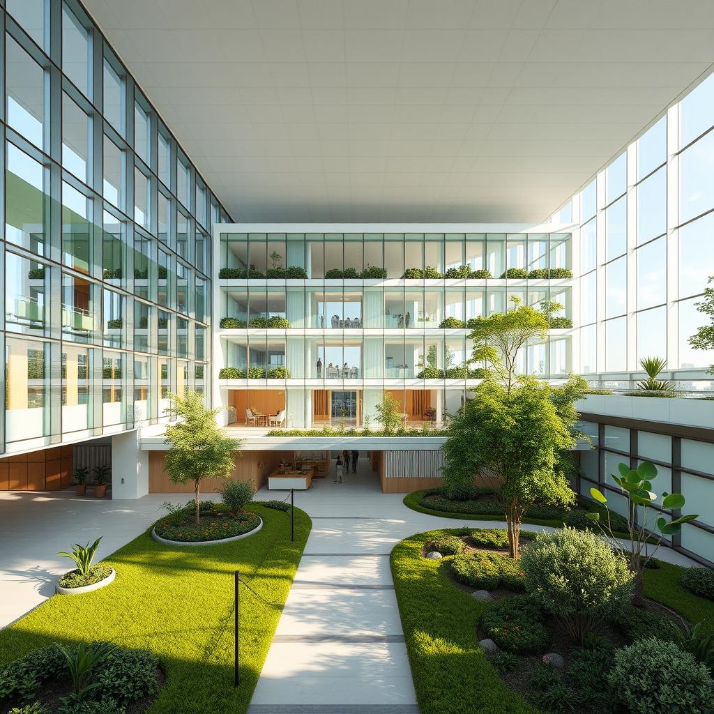 A modern and innovative private hospital design focused on heart diseases, featuring a spacious and airy lobby with large windows for natural light, calming colors like soft greens and blues, a zen garden for relaxation, state-of-the-art cardiology units with advanced medical equipment, patient rooms with heart-monitoring technology, comfortable and welcoming spaces for families, and a rooftop garden for patients to enjoy fresh air and tranquility