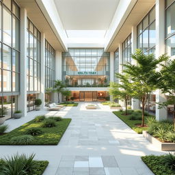 A modern and innovative private hospital design focused on heart diseases, featuring a spacious and airy lobby with large windows for natural light, calming colors like soft greens and blues, a zen garden for relaxation, state-of-the-art cardiology units with advanced medical equipment, patient rooms with heart-monitoring technology, comfortable and welcoming spaces for families, and a rooftop garden for patients to enjoy fresh air and tranquility
