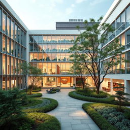 A modern and innovative private hospital design focused on heart diseases, featuring a spacious and airy lobby with large windows for natural light, calming colors like soft greens and blues, a zen garden for relaxation, state-of-the-art cardiology units with advanced medical equipment, patient rooms with heart-monitoring technology, comfortable and welcoming spaces for families, and a rooftop garden for patients to enjoy fresh air and tranquility