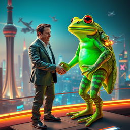 A surreal scene depicting Elon Musk in a futuristic setting, forming an alliance with a giant, vibrant, anthropomorphic frog