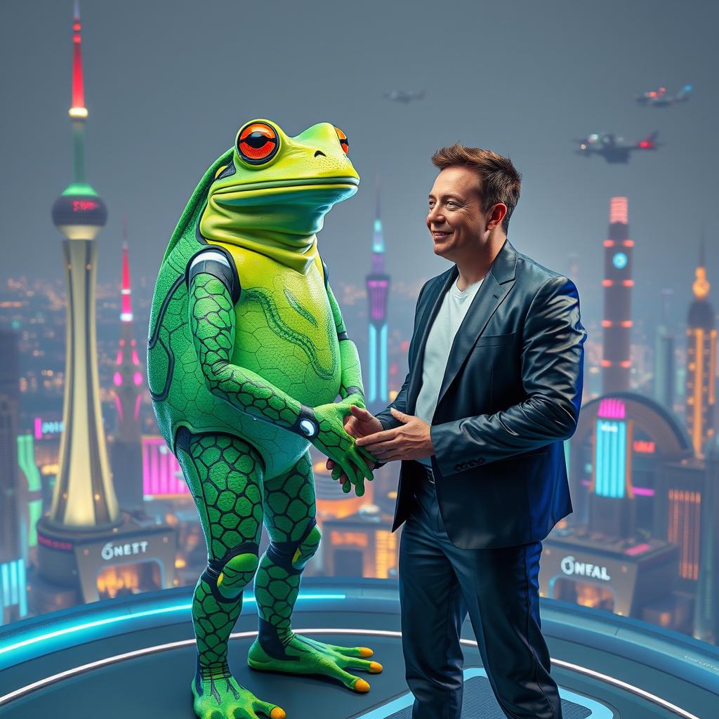 A surreal scene depicting Elon Musk in a futuristic setting, forming an alliance with a giant, vibrant, anthropomorphic frog