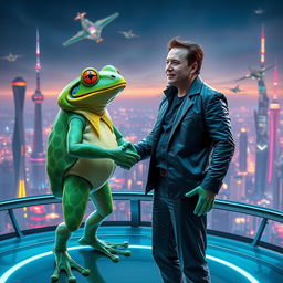 A surreal scene depicting Elon Musk in a futuristic setting, forming an alliance with a giant, vibrant, anthropomorphic frog