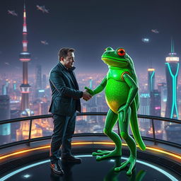 A surreal scene depicting Elon Musk in a futuristic setting, forming an alliance with a giant, vibrant, anthropomorphic frog
