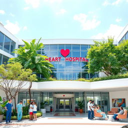 A beautifully designed heart hospital, featuring modern architecture with large glass windows, vibrant greenery, and a welcoming entrance