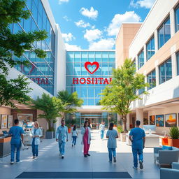 A beautifully designed heart hospital, featuring modern architecture with large glass windows, vibrant greenery, and a welcoming entrance