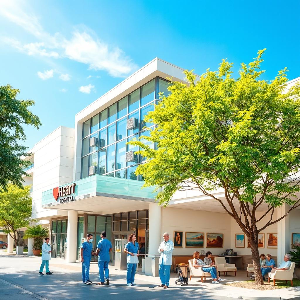 A beautifully designed heart hospital, featuring modern architecture with large glass windows, vibrant greenery, and a welcoming entrance