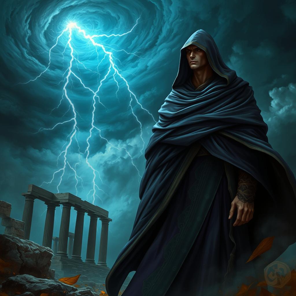 A mysterious and powerful figure representing the concept of 'Sufyani', cloaked in a dramatic, ornate robe