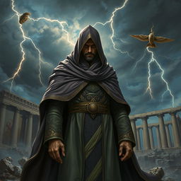 A mysterious and powerful figure representing the concept of 'Sufyani', cloaked in a dramatic, ornate robe