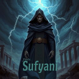 A mysterious and powerful figure representing the concept of 'Sufyani', cloaked in a dramatic, ornate robe