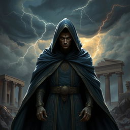 A mysterious and powerful figure representing the concept of 'Sufyani', cloaked in a dramatic, ornate robe