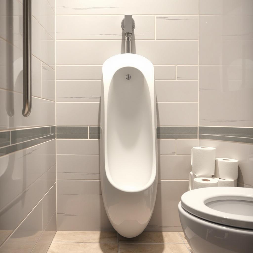 A close-up view of a women's urinal featuring a sleek, modern design, accompanied by rolls of toilet paper located conveniently nearby