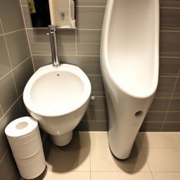 A close-up view of a women's urinal featuring a sleek, modern design, accompanied by rolls of toilet paper located conveniently nearby