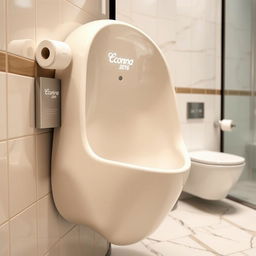 A close-up view of a women's urinal featuring a sleek, modern design, accompanied by rolls of toilet paper located conveniently nearby