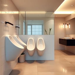 A modern restroom interior featuring long, narrow women's urinals elegantly designed to stick out from the wall